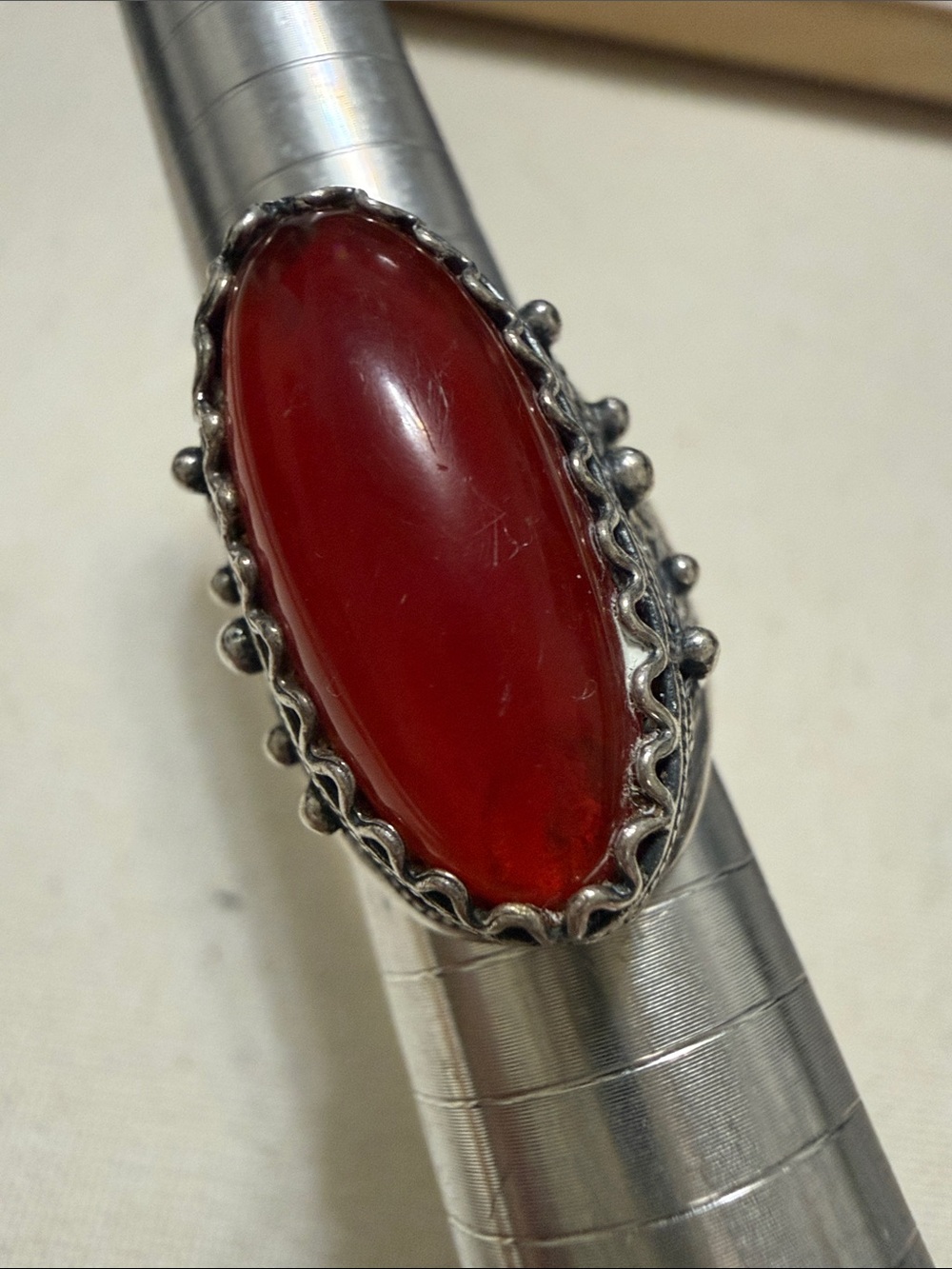 Beautiful Sterling Silver 925 Red Oval Stone Cocktail Ring size 6.5